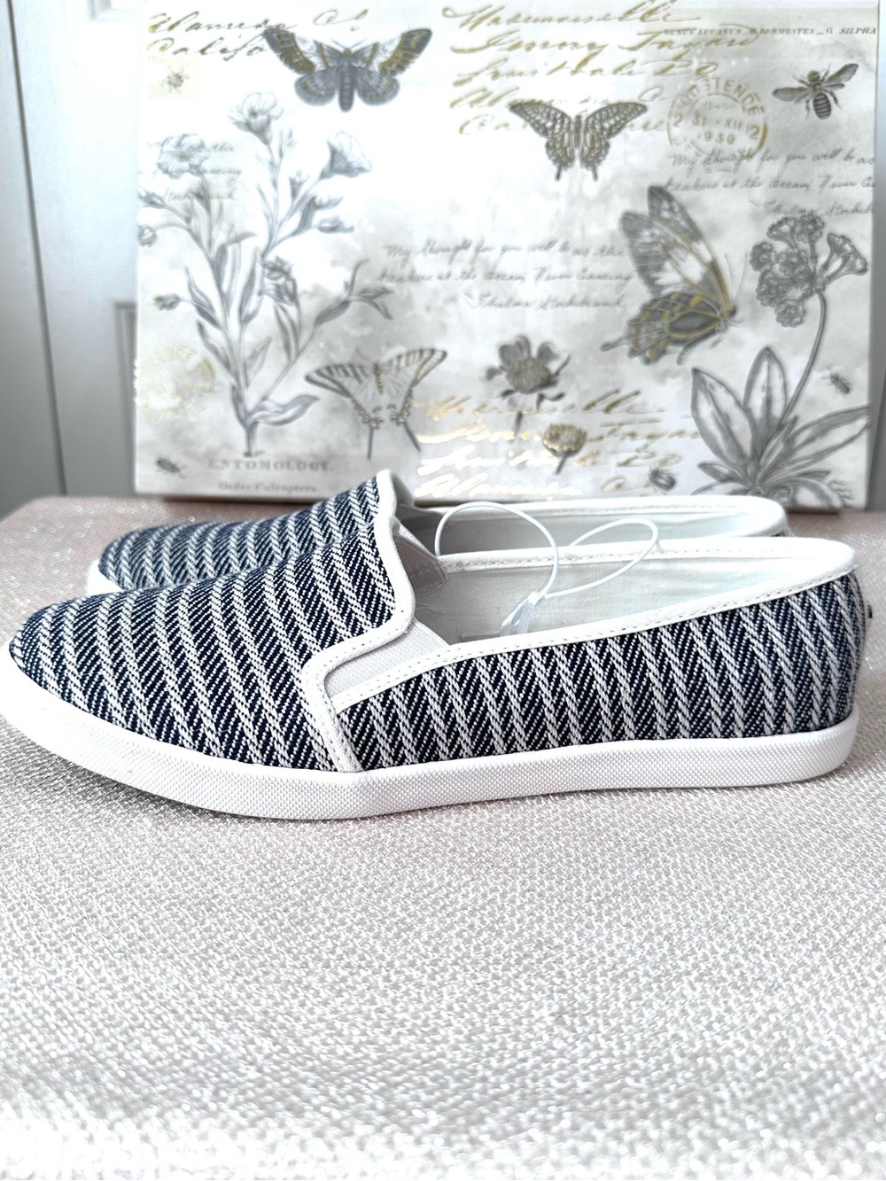 Nautica Sunchaser Navy Rope Stripe White Canvas Slip-On Sneakers Size 9.5